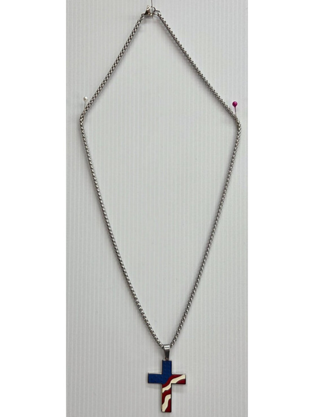 American Flag Cross Pendant Necklace Silver Tone Red White Blue Patriotic 24"